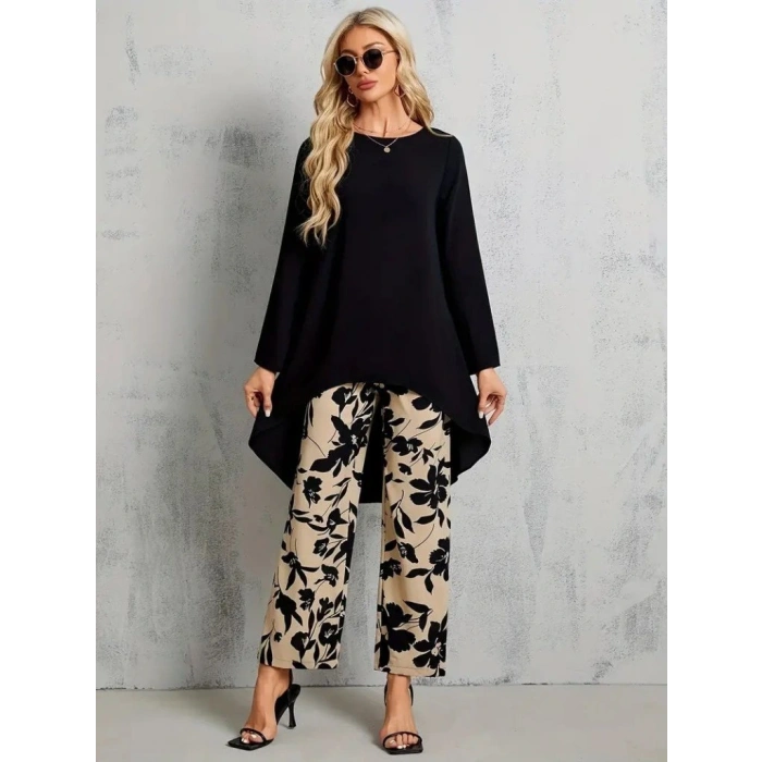 Kadın Uzun Kollu Bisiklet Yaka Asimetrik Kesim Detaylı Viskon Bluz Ve çiçek Desenli Iki Iplik Pantolon