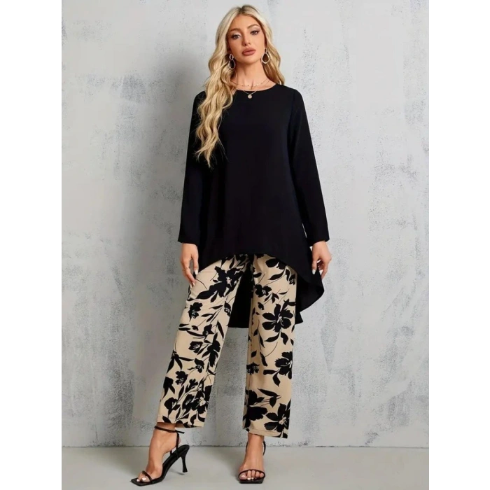 Kadın Uzun Kollu Bisiklet Yaka Asimetrik Kesim Detaylı Viskon Bluz Ve çiçek Desenli Iki Iplik Pantolon