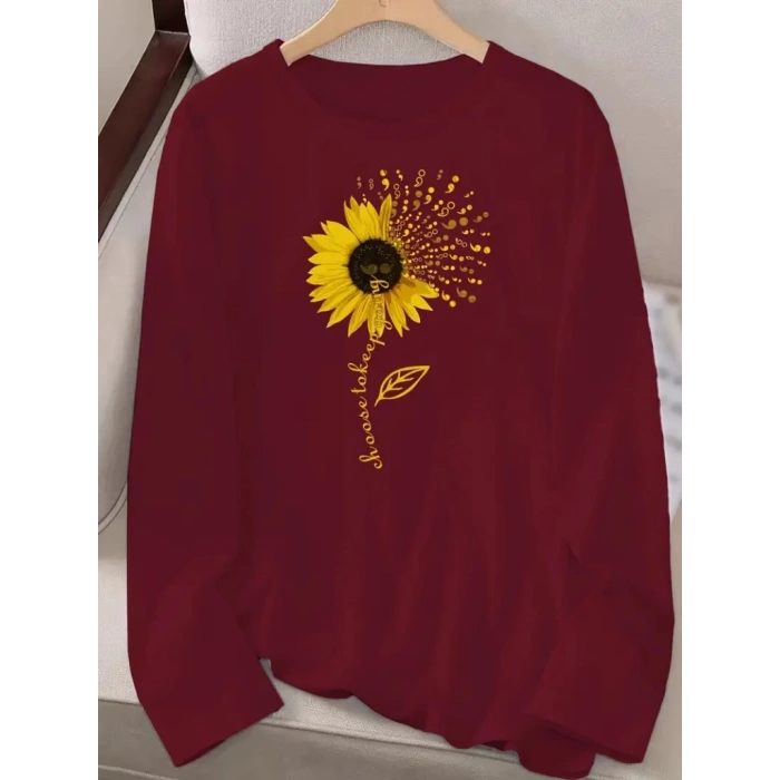 Kadın Uzun Kollu Bisiklet Yaka Ayçiçeği Desenli Viskon Bluz