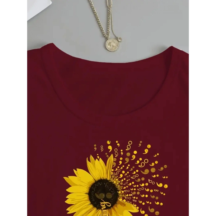 Kadın Uzun Kollu Bisiklet Yaka Ayçiçeği Desenli Viskon Bluz