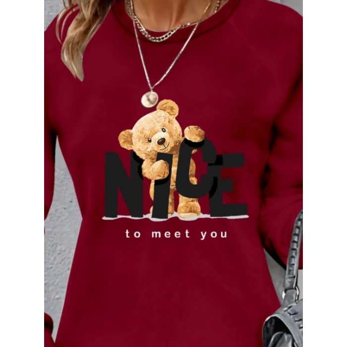 Kadın Uzun Kollu Bisiklet Yaka Ayı Desenli Viskon Iki Iplik Elbise