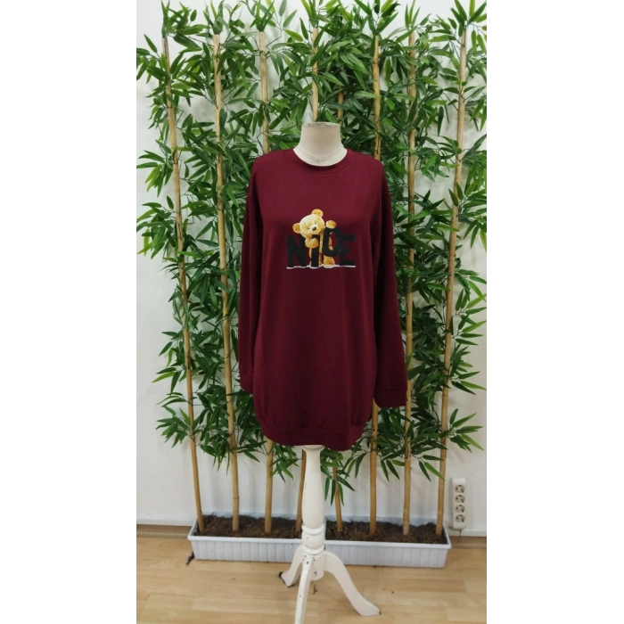 Kadın Uzun Kollu Bisiklet Yaka Ayı Desenli Viskon Iki Iplik Elbise