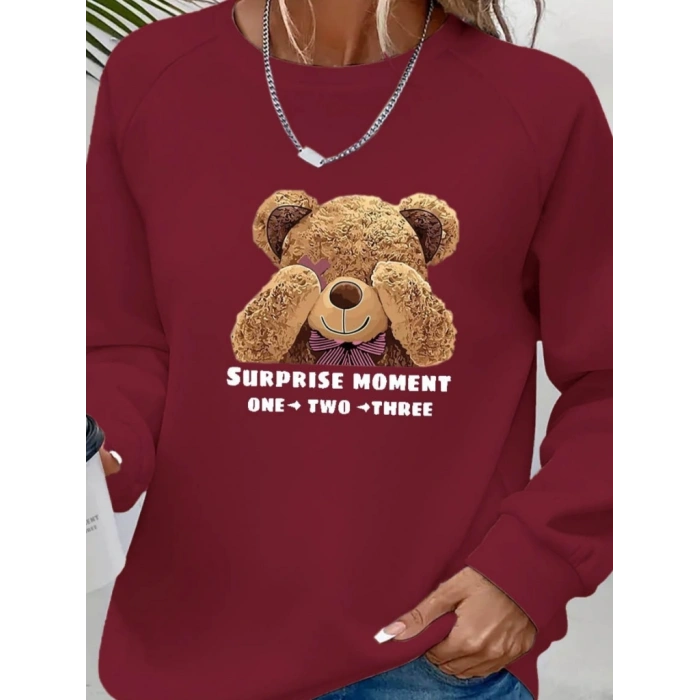 Kadın Uzun Kollu Bisiklet Yaka Ayıcık Desenli Viskon Iki Iplik Bluz