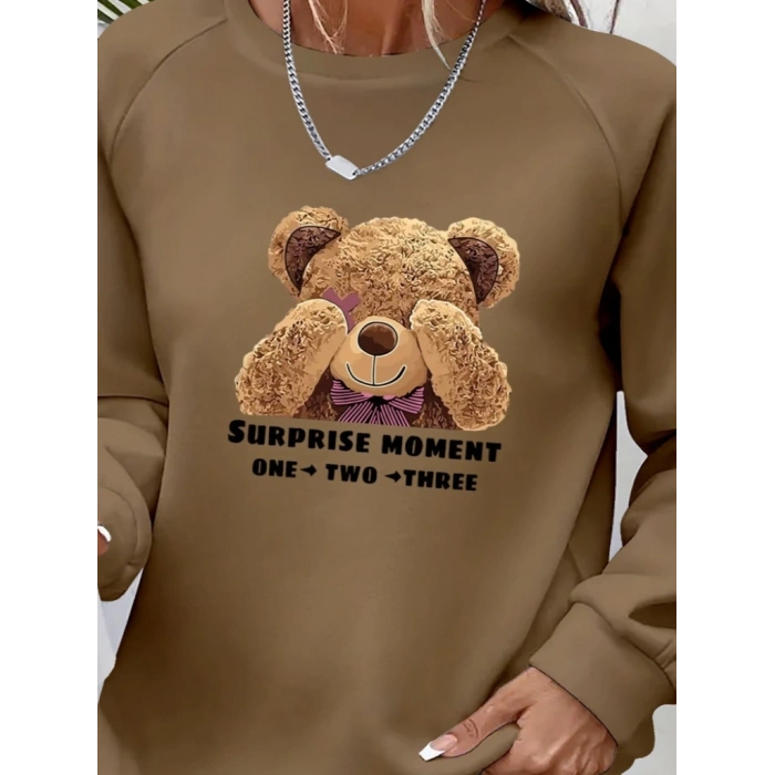 Kadın Uzun Kollu Bisiklet Yaka Ayıcık Desenli Viskon Iki Iplik Bluz