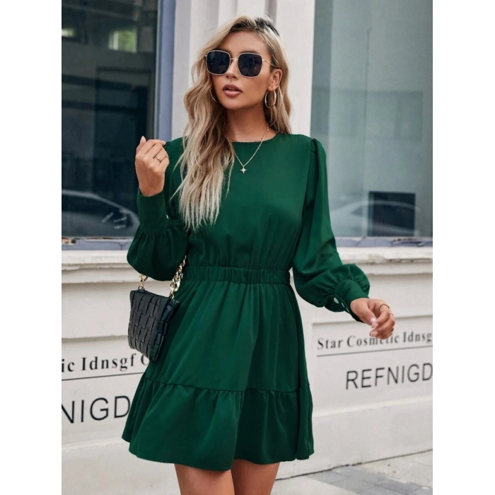 Kadın Uzun Kollu Bisiklet Yaka Beli Lastikli Fırfırlı Ithal Krep Elbise