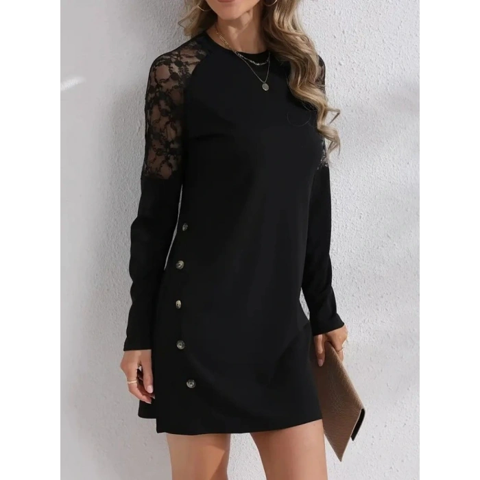 Kadın Uzun Kollu Bisiklet Yaka Dantel Detaylı Visk8n Iki Iplik Düğmeli Mini Elbise