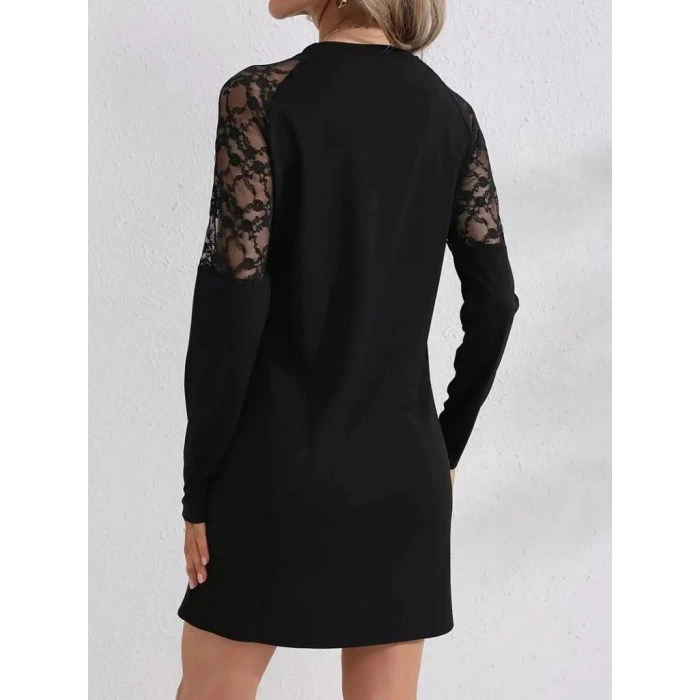Kadın Uzun Kollu Bisiklet Yaka Dantel Detaylı Visk8n Iki Iplik Düğmeli Mini Elbise