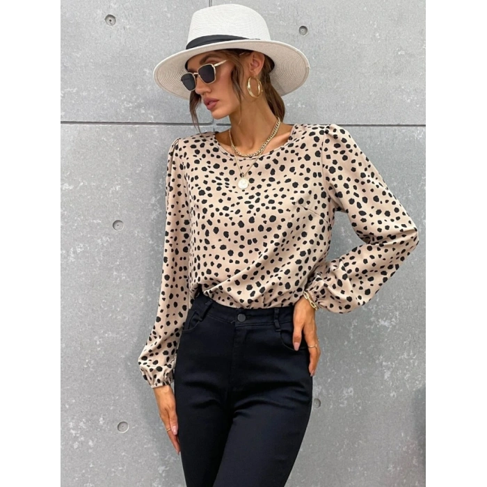 Kadın Uzun Kollu Bisiklet Yaka Desenli Bluz