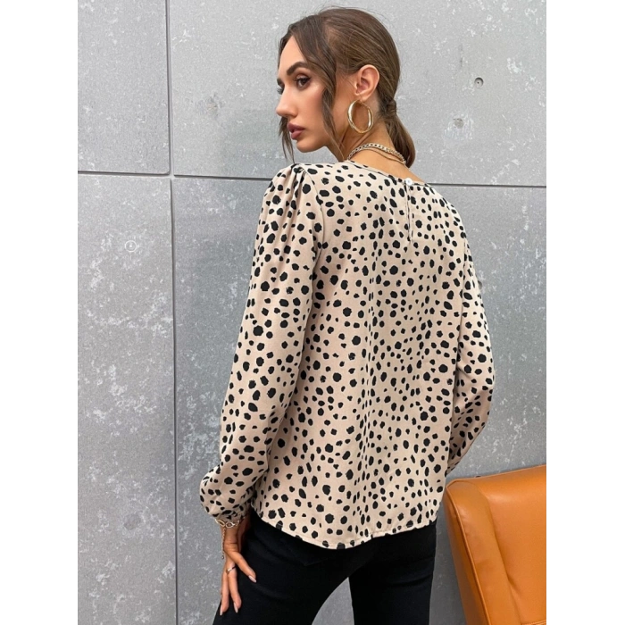 Kadın Uzun Kollu Bisiklet Yaka Desenli Bluz