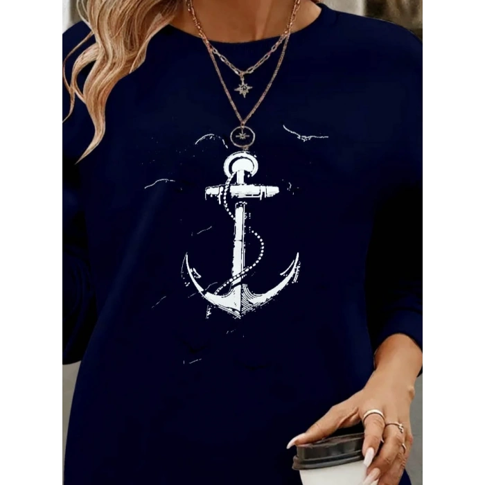 Kadın Uzun Kollu Bisiklet Yaka Desenli Viskon Iki Iplik Bluz