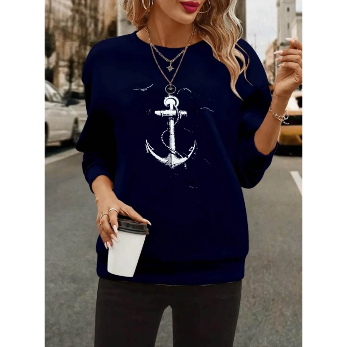 Kadın Uzun Kollu Bisiklet Yaka Desenli Viskon Iki Iplik Bluz