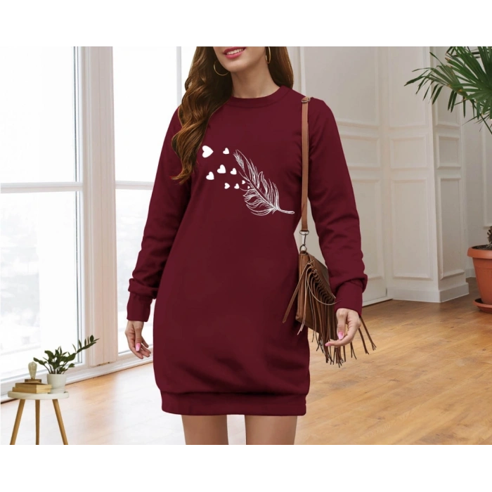 Kadın Uzun Kollu Bisiklet Yaka Desenli Viskon Iki Iplik Elbise