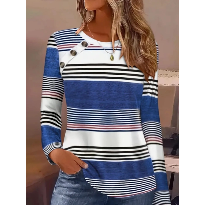 Kadın Uzun Kollu Bisiklet Yaka Düğme Detaylı Desenli Süprem Bluz