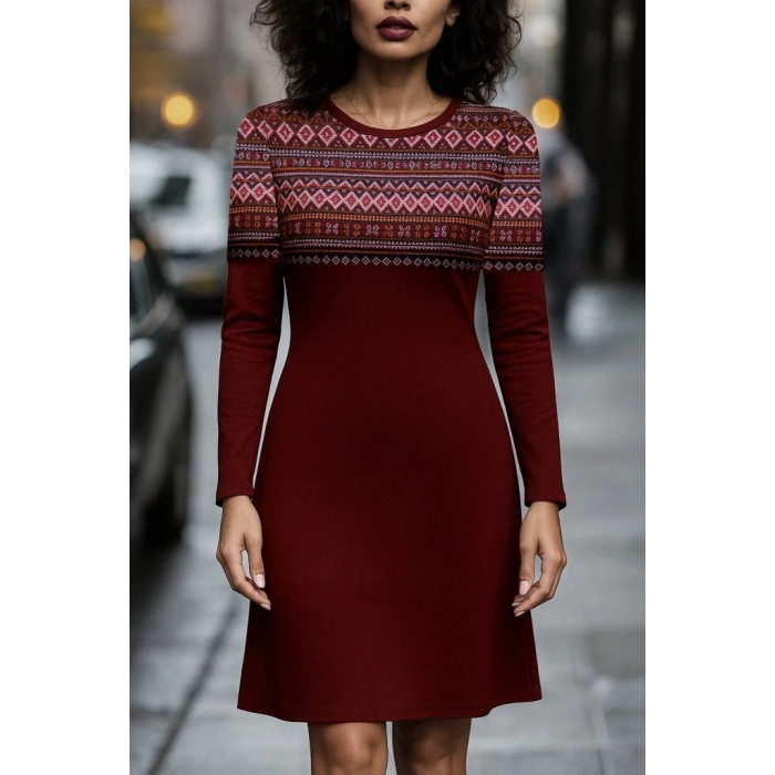 Kadın Uzun Kollu Bisiklet Yaka Etnik Desenli Kısa şardonlu Dalgıç Elbise