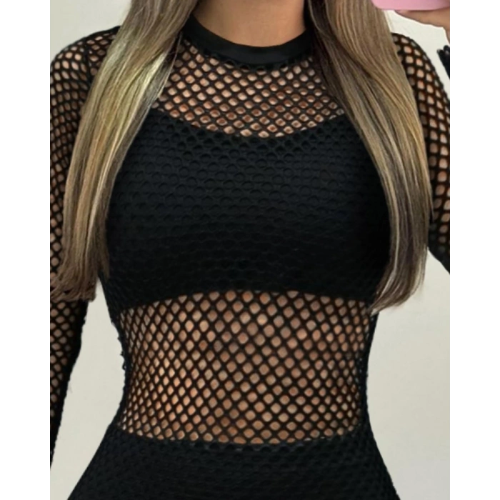 Kadın Uzun Kollu Bisiklet Yaka File Alt üst Dalgıç üçlü Takım