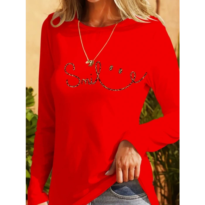 Kadın Uzun Kollu Bisiklet Yaka Gülümseyen Surat Desenli Viskon Bluz