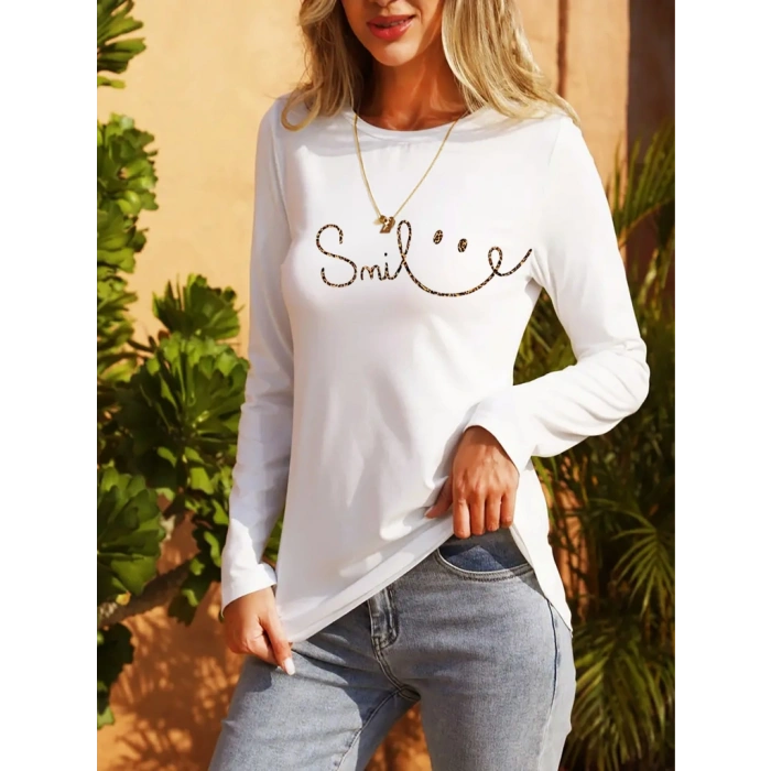 Kadın Uzun Kollu Bisiklet Yaka Gülümseyen Surat Desenli Viskon Bluz