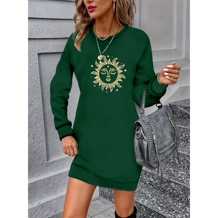 Kadın Uzun Kollu Bisiklet Yaka Güneş Desenli Viskon Iki Iplik Elbise