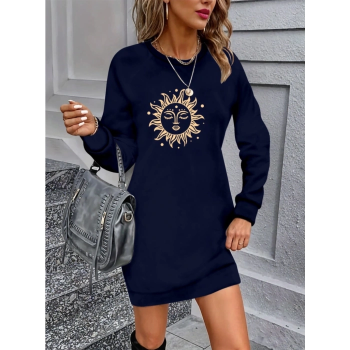 Kadın Uzun Kollu Bisiklet Yaka Güneş Desenli Viskon Iki Iplik Elbise