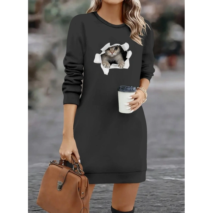 Kadın Uzun Kollu Bisiklet Yaka Kısa Viskon Iki Iplik Elbise