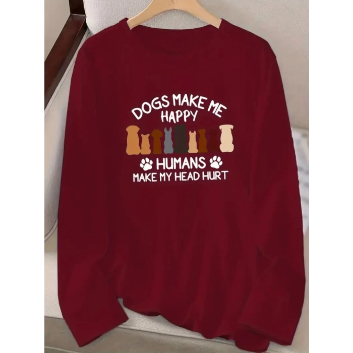 Kadın Uzun Kollu Bisiklet Yaka Köpek Resimli Viskon Bluz