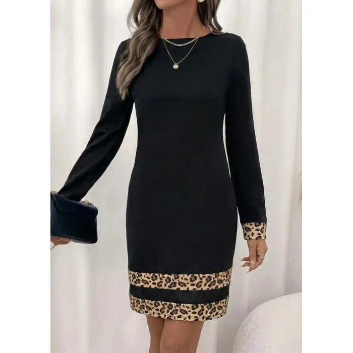 Kadın Uzun Kollu Bisiklet Yaka Mini Ithal Krep Elbise