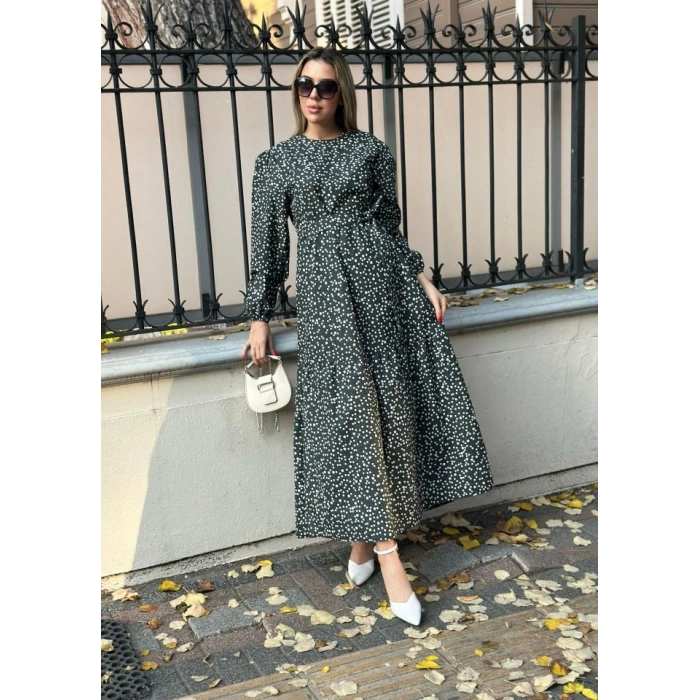 Kadın Uzun Kollu Bisiklet Yaka Papatya Desen Kuşak Dahil Maxi Boy Elbise