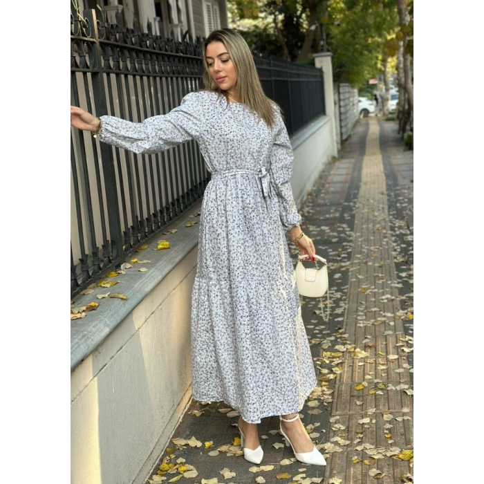 Kadın Uzun Kollu Bisiklet Yaka Papatya Desen Kuşak Dahil Maxi Boy Elbise