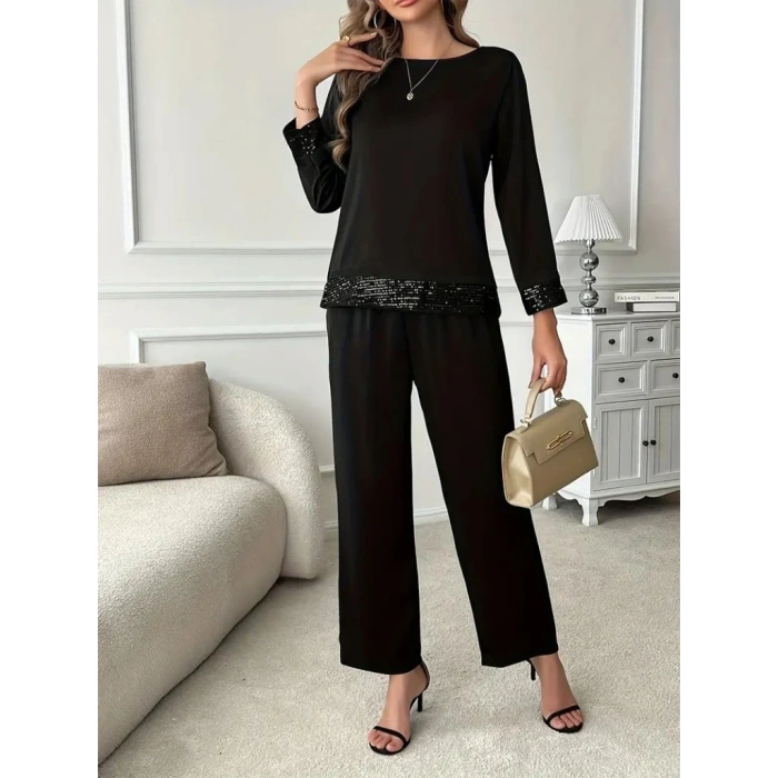 Kadın Uzun Kollu Bisiklet Yaka Pulpayetli Viskon Iki Iplik Bluz Ve Pantolon Ikili Takım