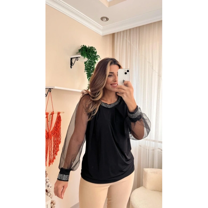 Kadın Uzun Kollu Bisiklet Yaka Taşlı Kol Tül Detaylı Sandy Bluz