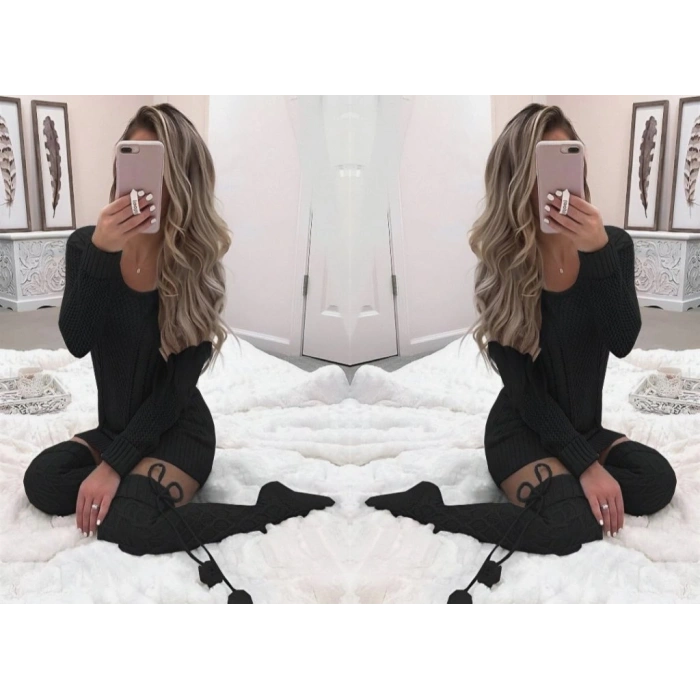 Kadın Uzun Kollu Bisiklet Yaka Triko Elbise (çorapsız)