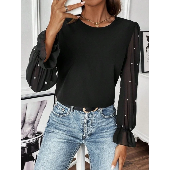 Kadın Uzun Kollu Bisiklet Yaka Tül Detaylı Incili Ithal Krep Bluz