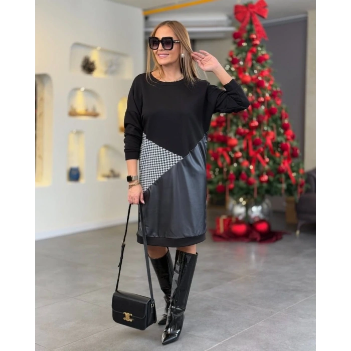 Kadın Uzun Kollu Bisiklet Yaka üç Parça Deri Ve Kazayağı Detay üç Iplik Kumaş şardonsuz Elbise