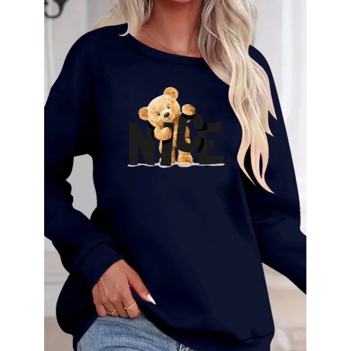 Kadın Uzun Kollu Bisiklet Yaka Viskon Iki Iplik Bluz