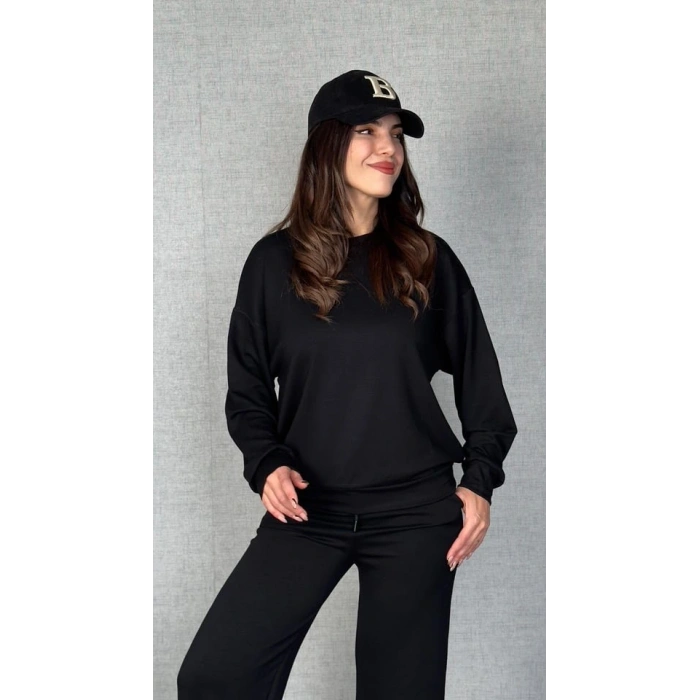 Kadın Uzun Kollu Bisiklet Yaka Viskon Iki Iplik Bluz Ve Pantolon Ikili Takım