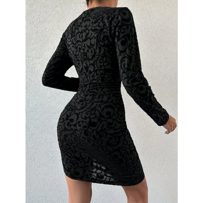 Kadın Uzun Kollu Bisiklet Yaka Yandan Büzgülü Flok Baskı Sandy Elbise