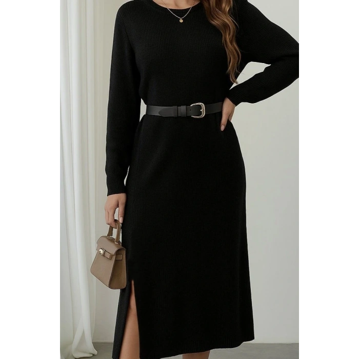 Kadın Uzun Kollu Bisiklet Yaka Yandan Yırtmaçlı Midi Triko Elbise