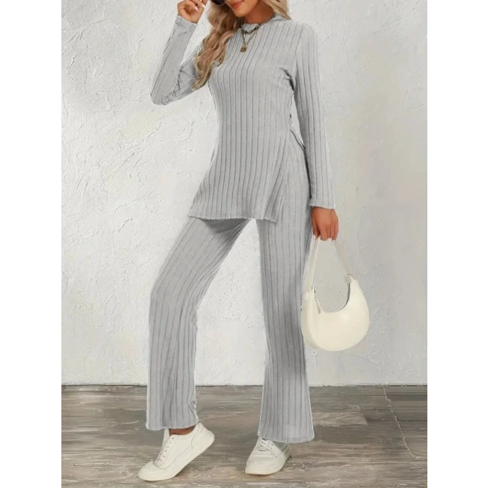 Kadın Uzun Kollu Bisiklet Yaka Yandan Yırtmaçlı şardonlu Kaşkorse Bluz Ve Pantolon Ikili Takım