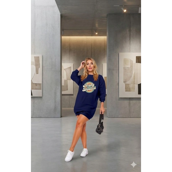 Kadın Uzun Kollu Bisiklet Yaka Yazılı Viskon Iki Iplik Elbise