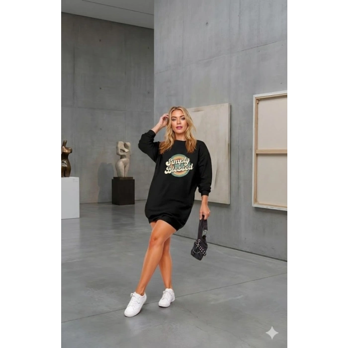 Kadın Uzun Kollu Bisiklet Yaka Yazılı Viskon Iki Iplik Elbise