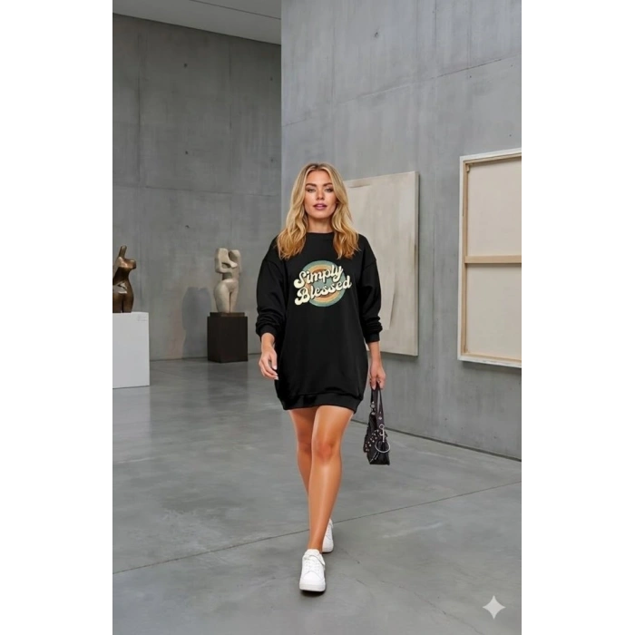 Kadın Uzun Kollu Bisiklet Yaka Yazılı Viskon Iki Iplik Elbise