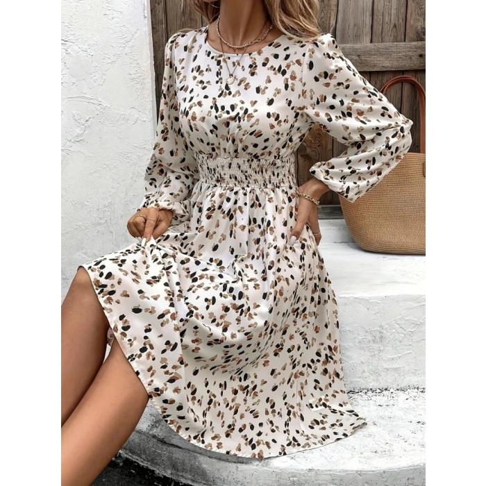 Kadın Uzun Kollu Bot Yaka Beli Lastikli Midi Süprem Elbise