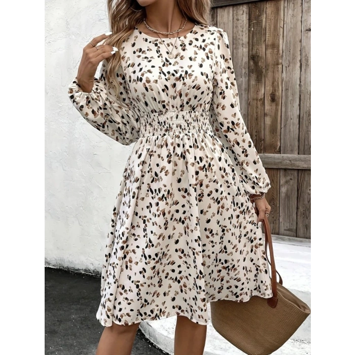 Kadın Uzun Kollu Bot Yaka Beli Lastikli Midi Süprem Elbise