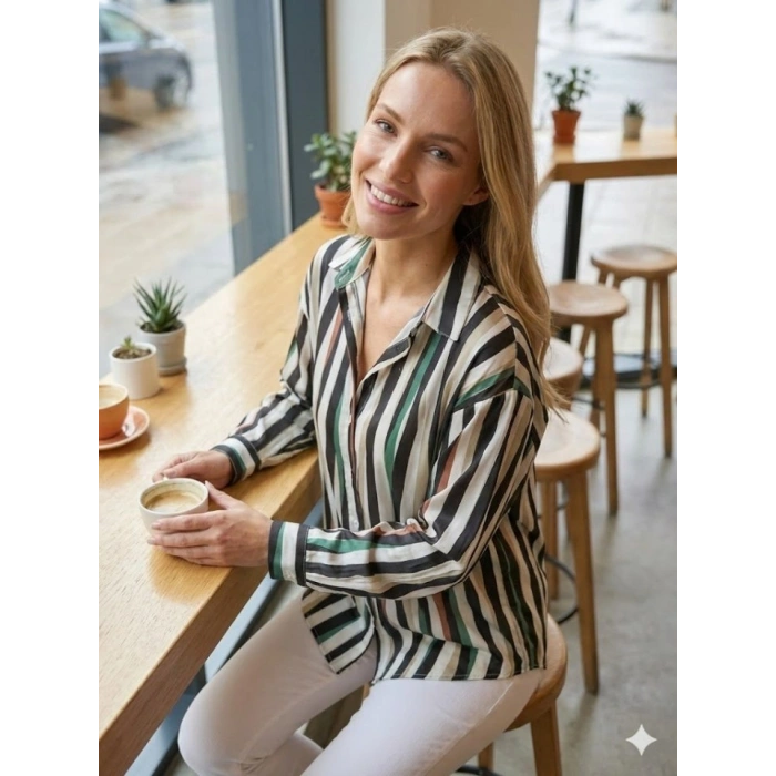 Kadın Uzun Kollu Dalgalı Desen Baskılı Gömlek