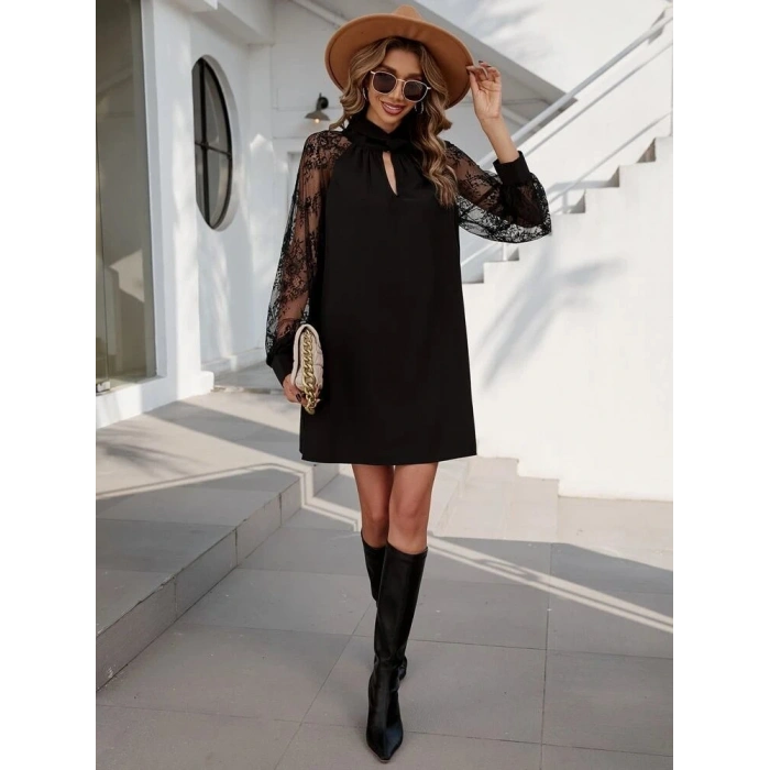 Kadın Uzun Kollu Damla Detaylı Sandy Mini Elbise