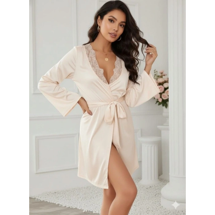 Kadın Uzun Kollu Dantel Yakalı Belden Kuşaklı Viskon Gecelik