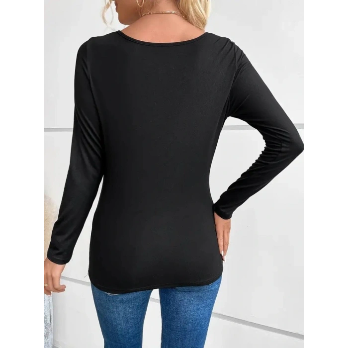 Kadın Uzun Kollu Derin Degaje Yakalı Taşlı Sandy Bluz