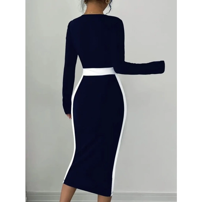 Kadın Uzun Kollu Geometrik Yaka Midi Ithal Krep Elbise