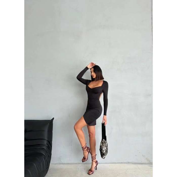 Kadın Uzun Kollu Göğüs Ve Sırt Dekolteli Kruvaze Etek Detay Fırsat ürün Mini Elbise