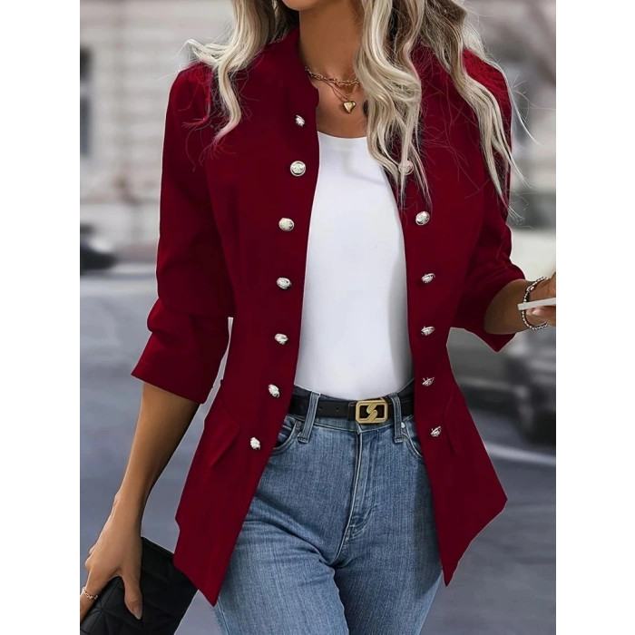 Kadın Uzun Kollu Hakim Yaka önden Düğmeli Kısa Atlas Ceket